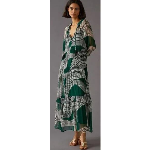 By Anthropologie Marais Green Printed Chiffon Maxi Dress Womens Size Medium - Picture 1 of 8